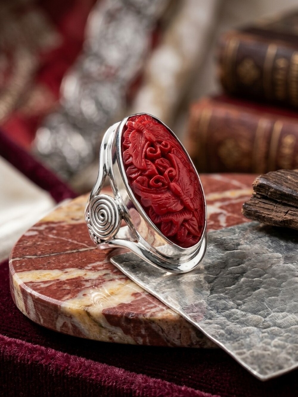 Sajen Simulated Cinnabar Carved Butterfly Ring in Sterling Silver 17.85 CTW